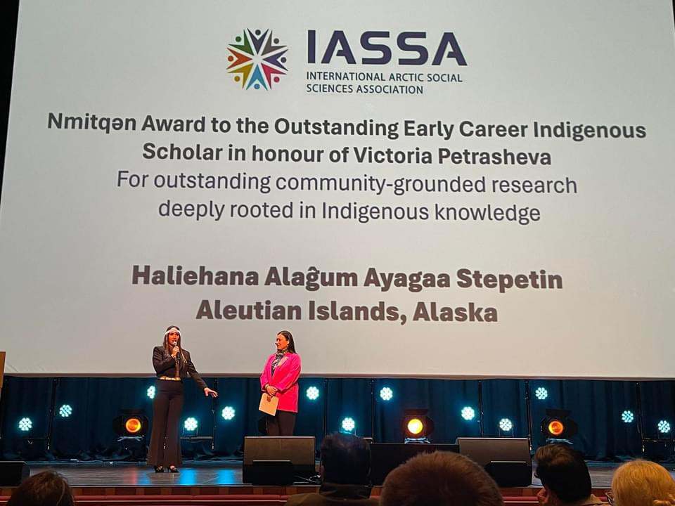 Dr. Haliehana Stepetin, Assistant Professor for the School of Arctic and Climate Security Studies at the Ted Stevens Center for Arctic Security Studies, was awarded the Nmitqǝn Award for Outstanding Early Career Indigenous Scholar on June 1, 2024 in Bodø, Norway at the Stormen Concert Hall. Presented by the International Arctic Social Science Association (IASSA), this award honors Indigenous scholars for their exceptional community-grounded research deeply rooted in Indigenous Knowledge systems. (Courtesy photo)