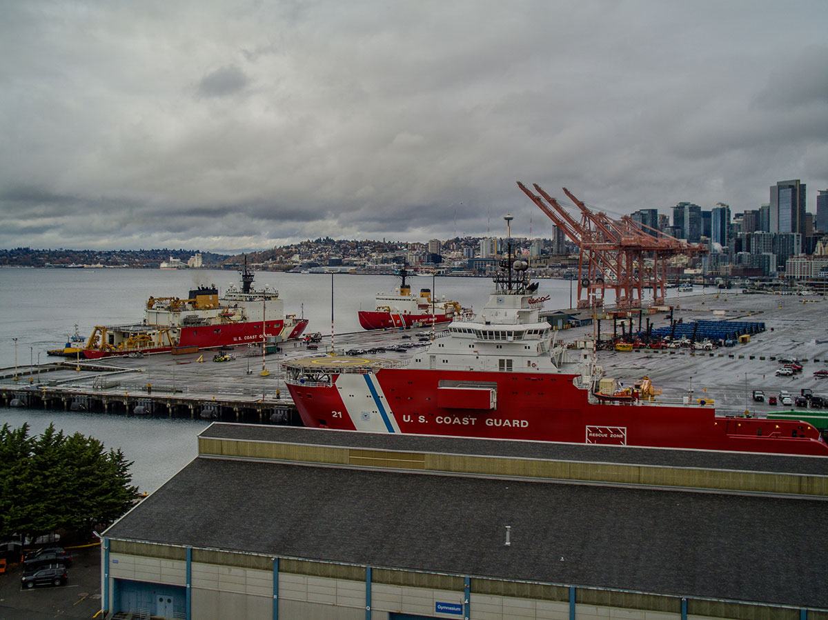 U.S. Coast Guard Cutters Healy, Storis, and Polar Star moor at Coast Guard Base Seattle.